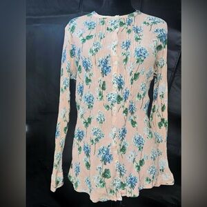 BODEN PEACH BUTTON DOWN FLORAL BLUE GREEN PRINT CREPE LONG SLEEVE BLOUSE MEDIUM